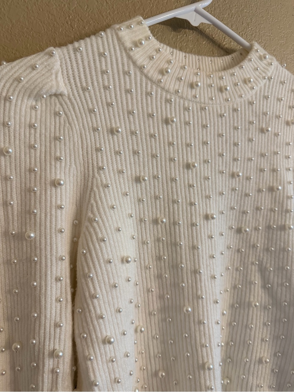 Express Pearl-Embellished Cream Ribbed Sweater - Picture 3 of 5